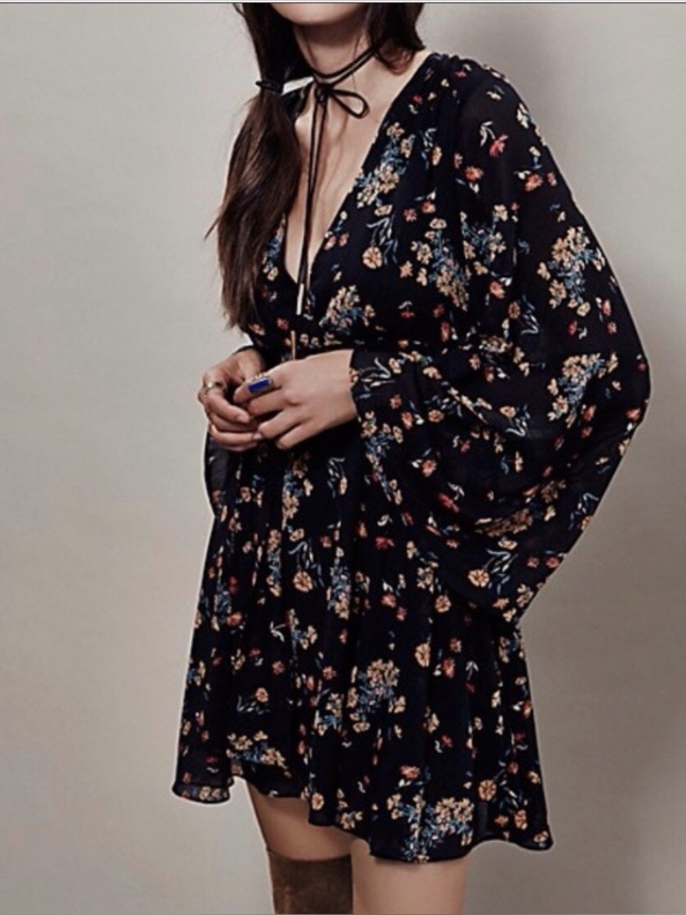 Free People Lilou Printed Black Floral V Neck Bell Sleeves Dress